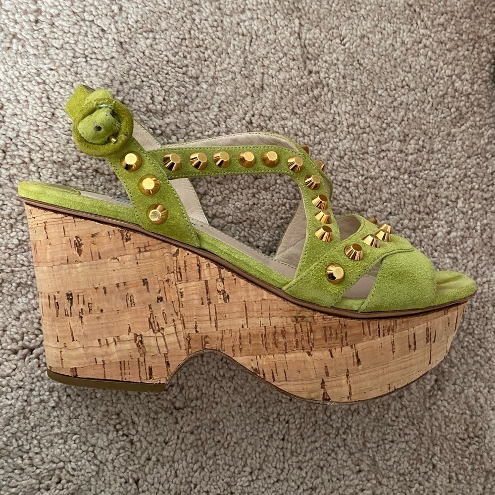 Prada- Lime Green Gold Studded Sandal with Cork wedge heel - Picture 6 of 8